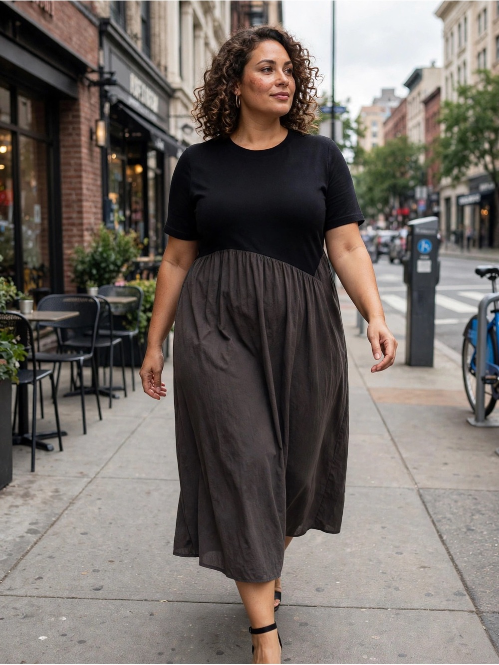 Friful Two-Tone Midi Dress - Black and Dark Grey PTP 21”, L 43”